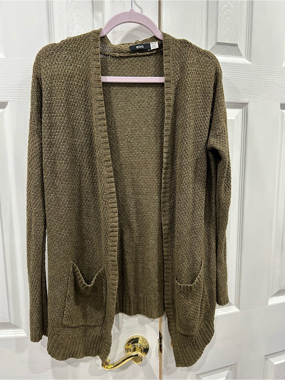 BDG Olive Green Open-Front Knit Cardigan with Pockets